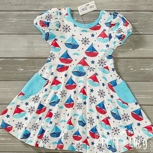 Red and Blue Puff Sleeve Casual Sundress